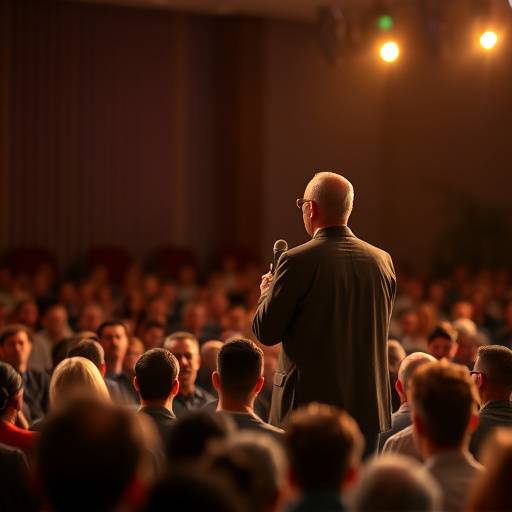 Foto de uma transmissão ao vivo de uma palestra com um orador em um palco e uma plateia assistindo.